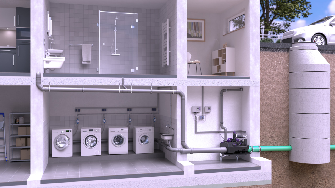 Exemple d'installation d'un poste de relevage hybride <em>Ecolift L</em> dans un immeuble collectif Exemple d'installation d'un poste de relevage hybride <em>Ecolift L</em> dans un immeuble collectif