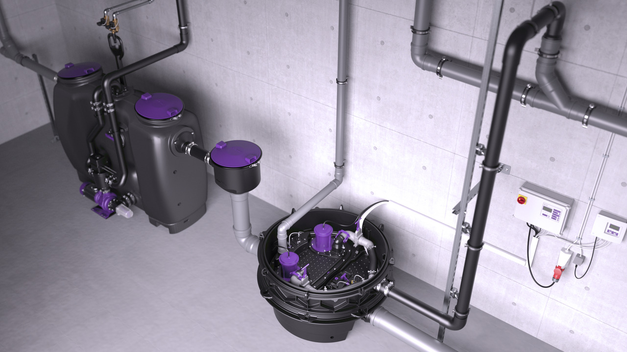 Exemple d'installation de l'Ecolift XL en pose hors sol derrière un séparateur à graisses Exemple d'installation de l'Ecolift XL en pose hors sol derrière un séparateur à graisses