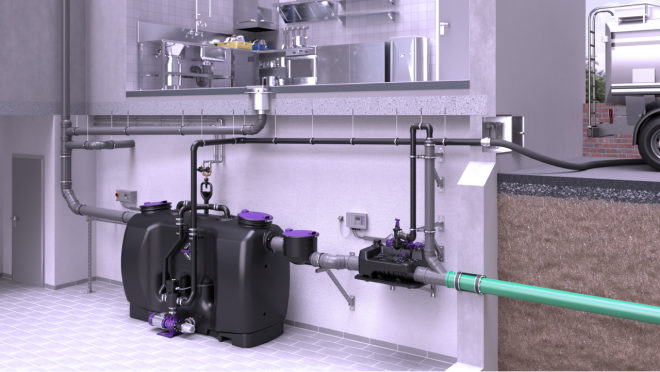 Exemple d'installation <em>de l'Ecolift L</em> derrière un séparateur à graisses Exemple d'installation <em>de l'Ecolift L</em> derrière un séparateur à graisses