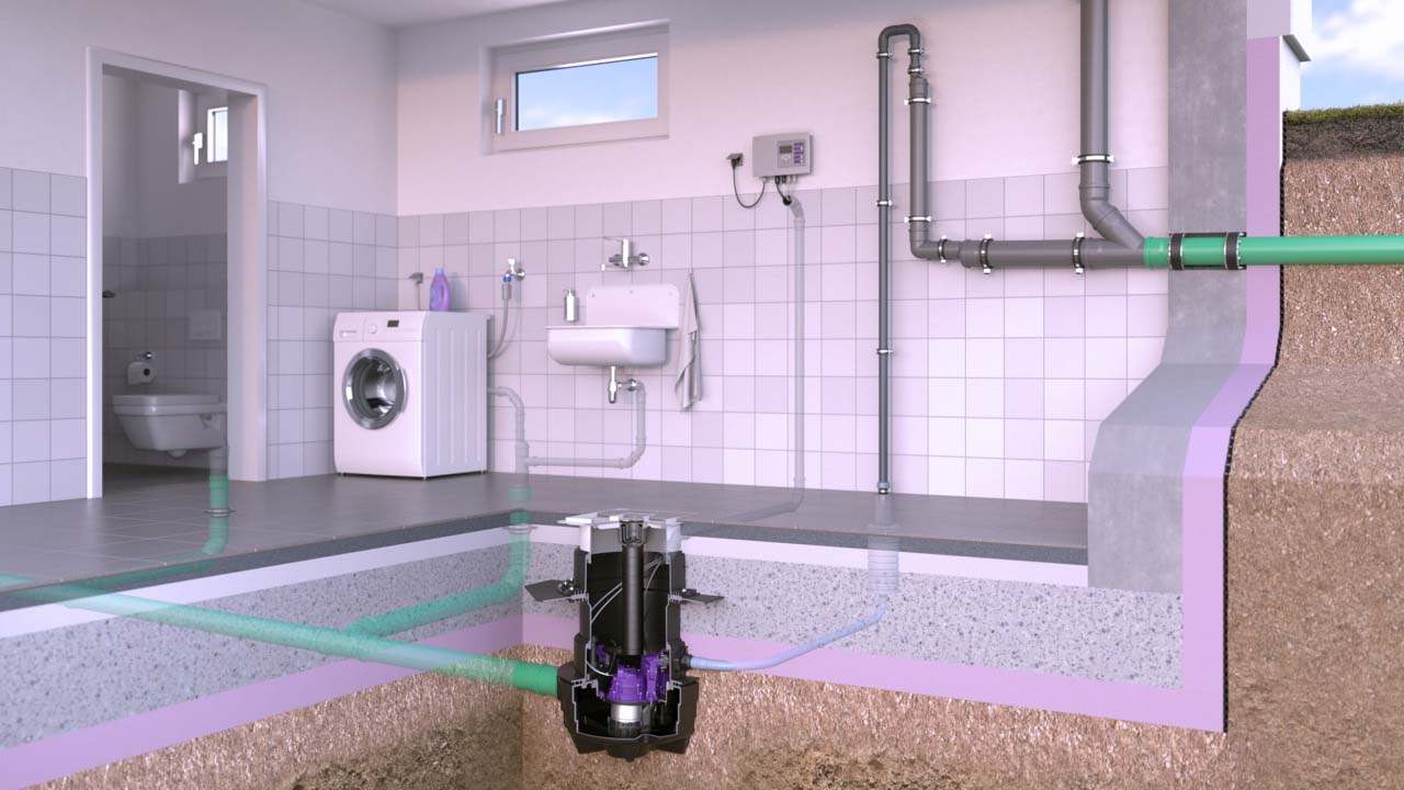 Schéma d'installation Aqualift F Compact pour l'installation dans la dalle de sol.