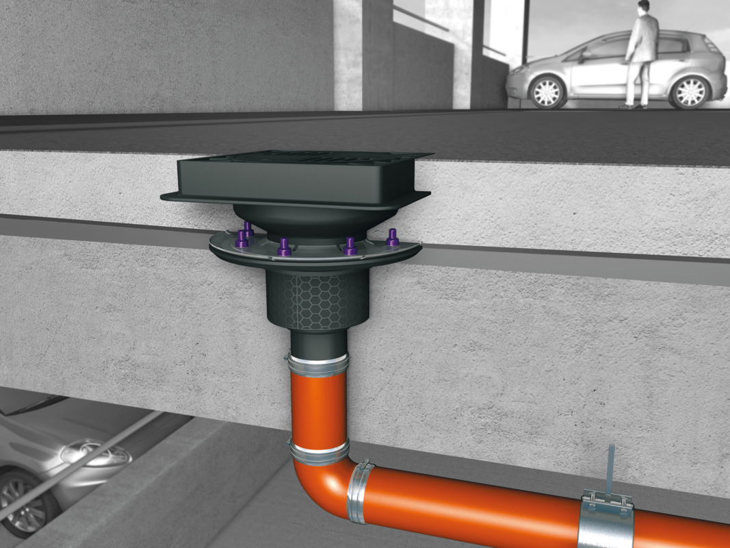 Schéma de montage du siphon de parking Ecoguss carré avec corps de base Ecoguss et bride de compression dans un parking
