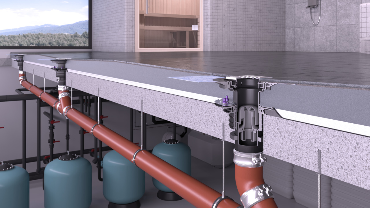 Siphon de sol Ecoguss avec protection incendie Fire-Kit et le joint de passage Quick-Fix.