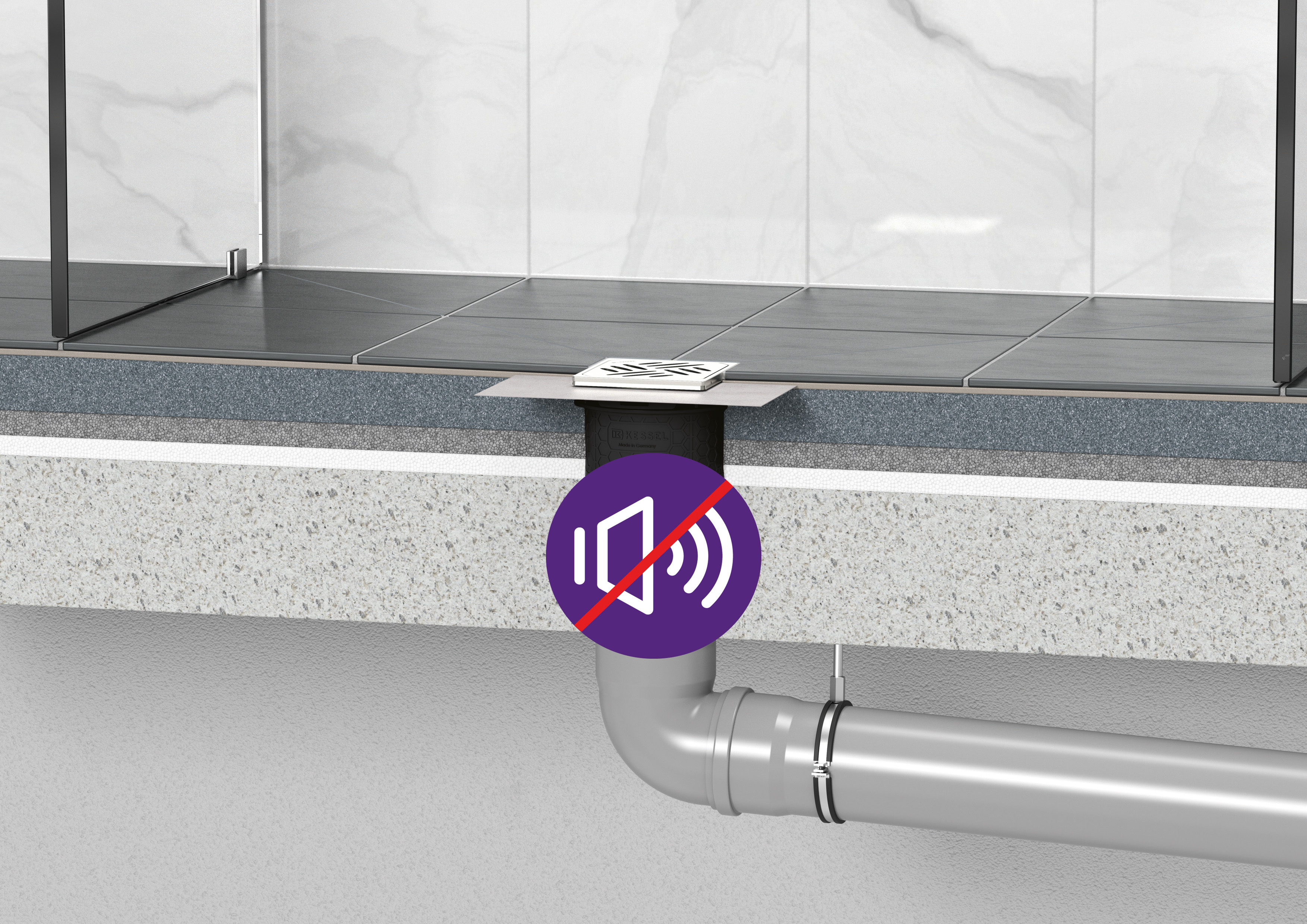 Proposition d'installation d'un écoulement dans une douche avec certification acoustique
