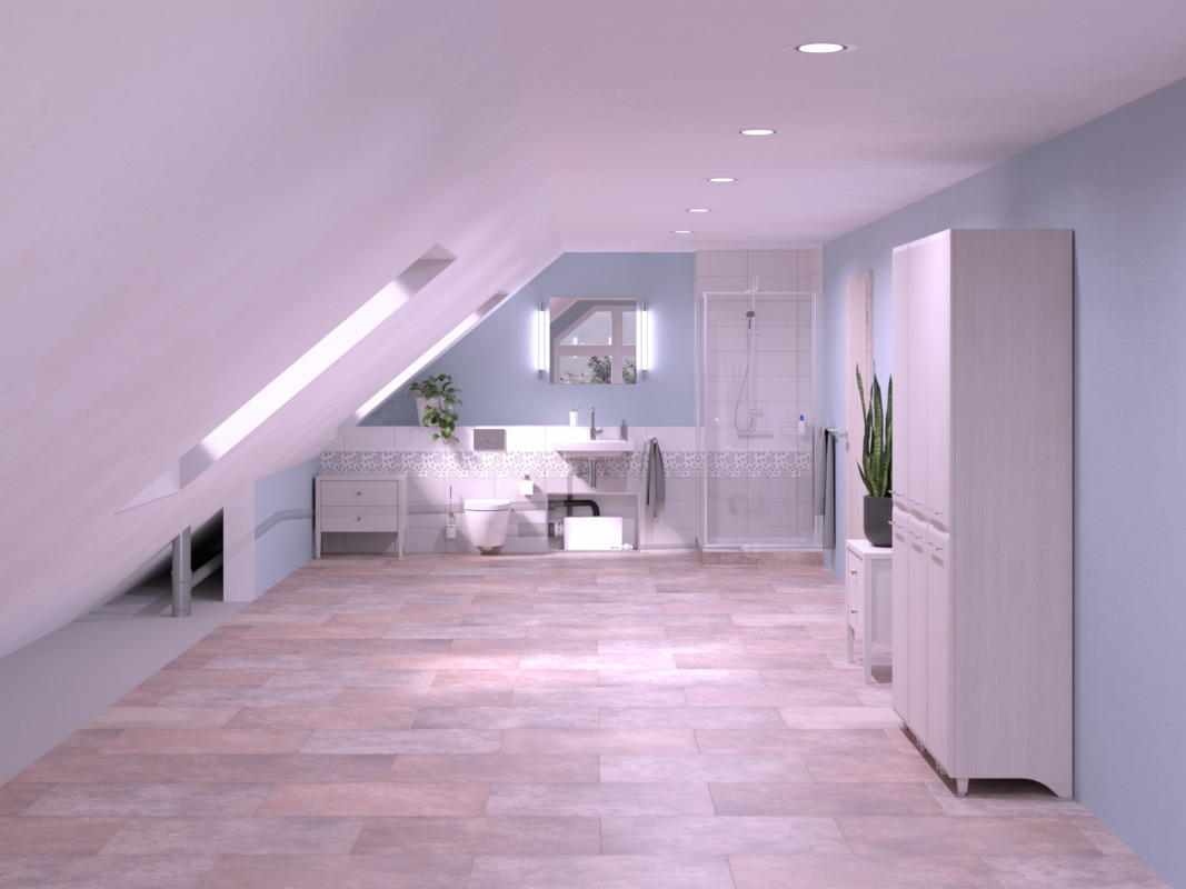 Schéma d'installation des toilettes Minilift L Illustration de l'installation d'un petit poste de relevage Minilift L WC dans une salle de bains mansardée équipée d'une douche, d'un lavabo et de toilettes. Le petit poste de relevage Minilift L WC est encastré dans une armoire.