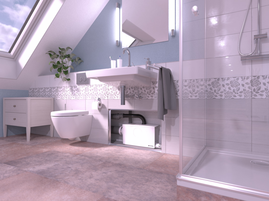 Vue détaillée du petit poste de relevage Minilift L WC dans une installation en applique avec WC et douche raccordés