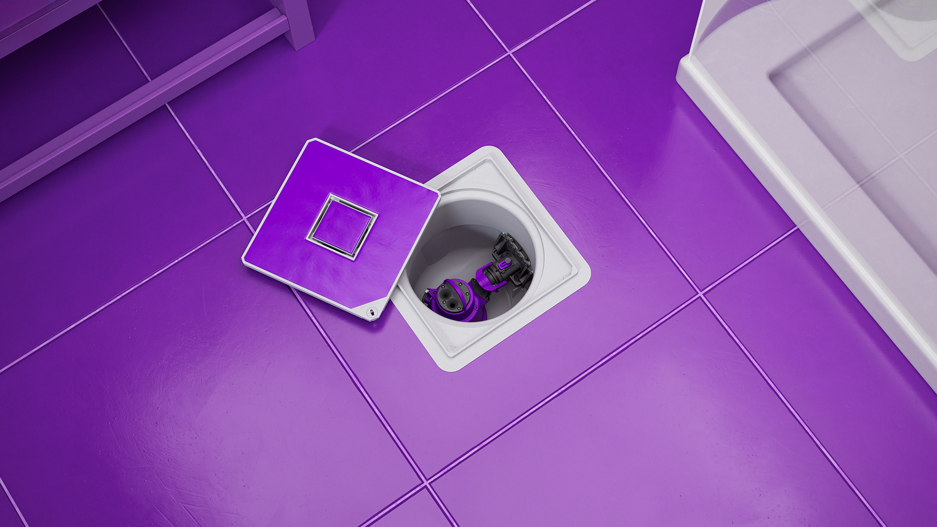 Vue d'un petit poste de relevage intégré de manière invisible dans la dalle, avec le couvercle de recouvrement ouvert.