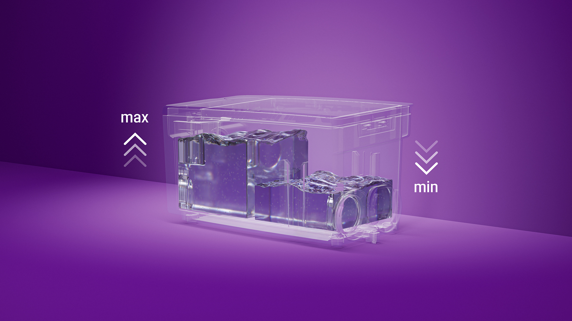 Volume utile réglable Représentation d'une cuve Minilift dont le niveau de remplissage est élevé d'un côté et faible de l'autre.