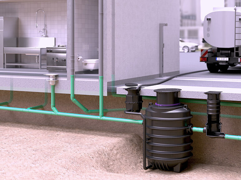 Exemple d'installation du séparateur à graisses EasyClean ground dans le cadre d'un système d'évacuation Exemple d'installation du séparateur à graisses EasyClean ground dans le cadre d'un système d'évacuation