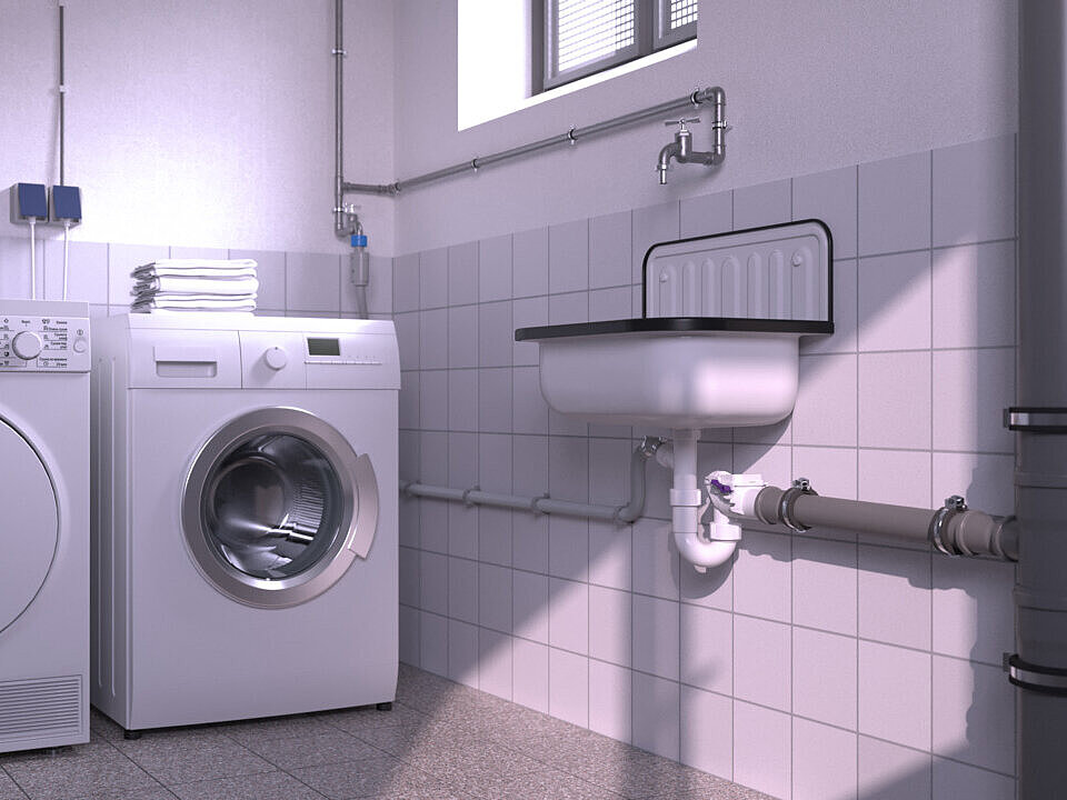 Exemple de montage du clapet antiretour Staufix Siphon DN 50 avec raccordement pour le lave-linge 