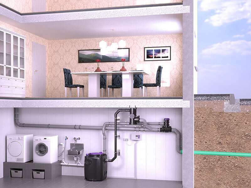 Schéma d'installation d'un poste de relevage en cave, dans lequel la conduite de refoulement ne passe pas au-dessus du niveau des plus hautes eaux, mais via le séparateur de circuit CleverLoop, monté sous le plafond de la cave.