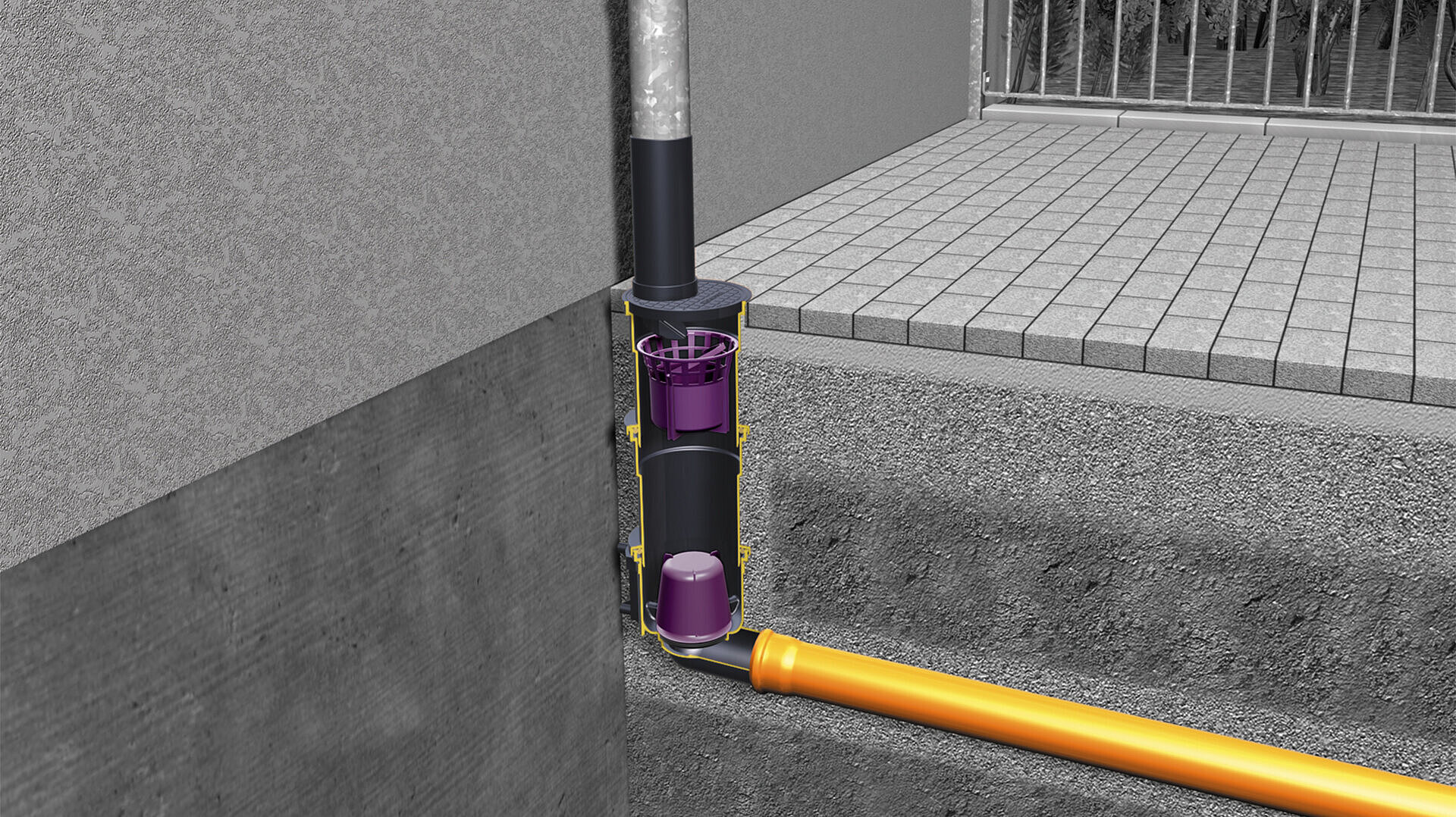 Descente d'eaux pluviales avec dispositif anti-odeur