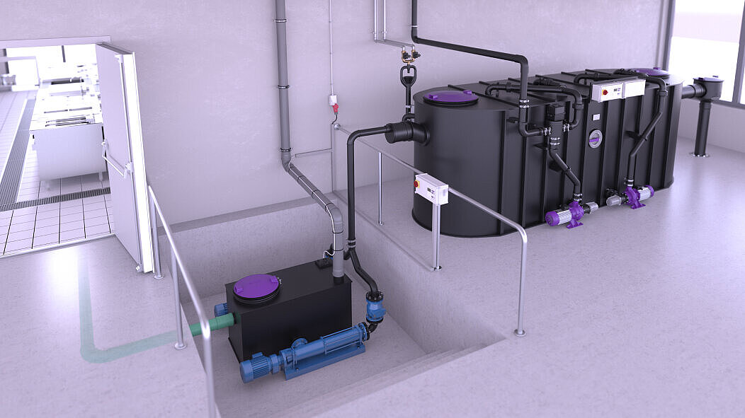 Exemple d'installation d'un séparateur à graisses avec Pompe à vis