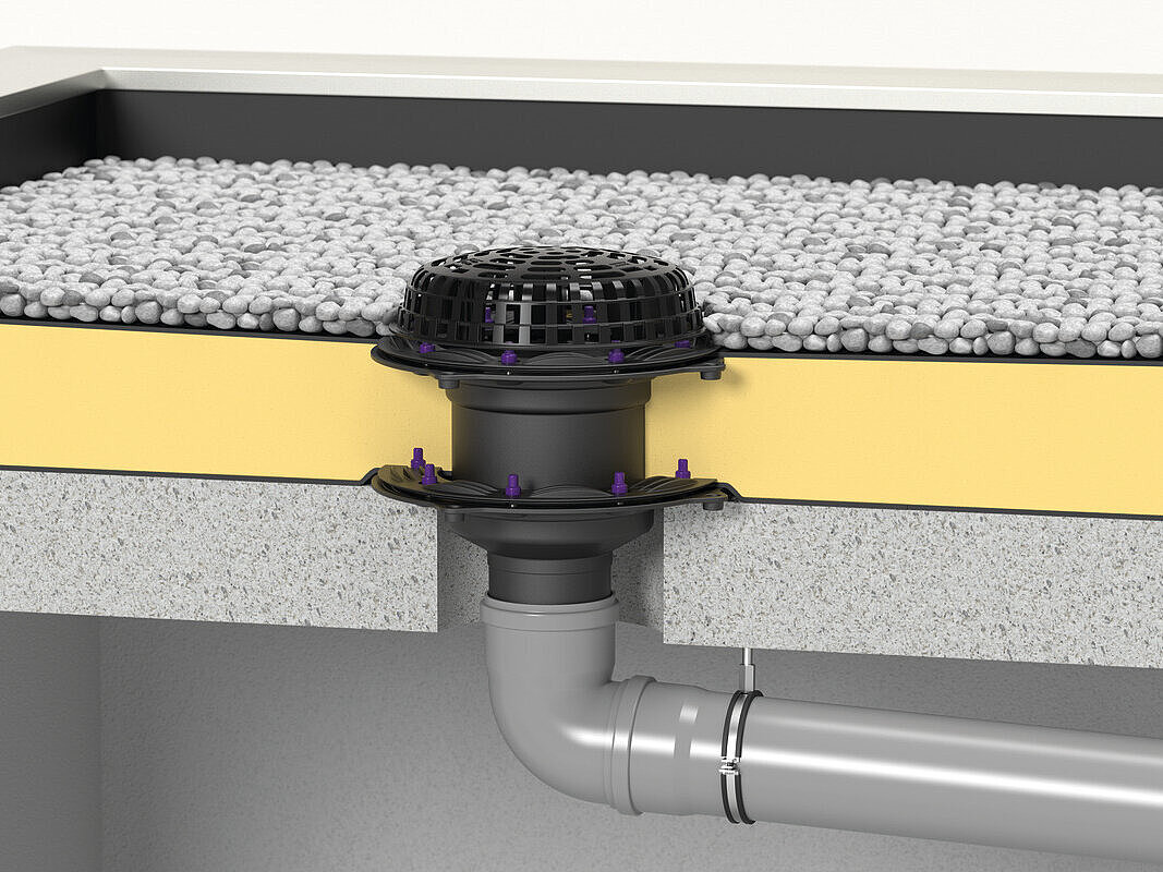 Installation diagram for the Ecoguss roof drain for flat roof surfaces with a double waterproofing layer for installation in waterproof concrete