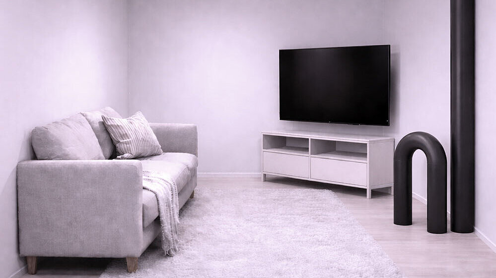 Présentation du logement Représentation schématique d'un salon dans lequel plusieurs tuyaux sortent du sol et réduisent la surface habitable.