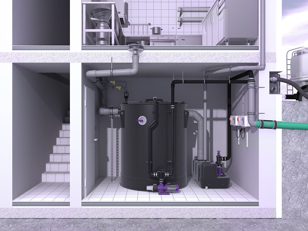 [Translate to Französisch (FR):] Einbaudarstellung Fettabscheider EasyClean free round Mix & Pump