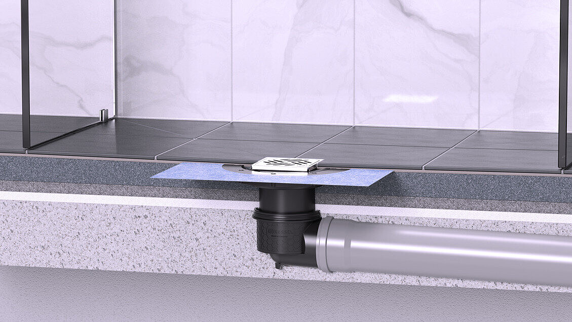 Exemple d'installation d'un siphon de sol Practicus avec rehausse Variofix dans la douche