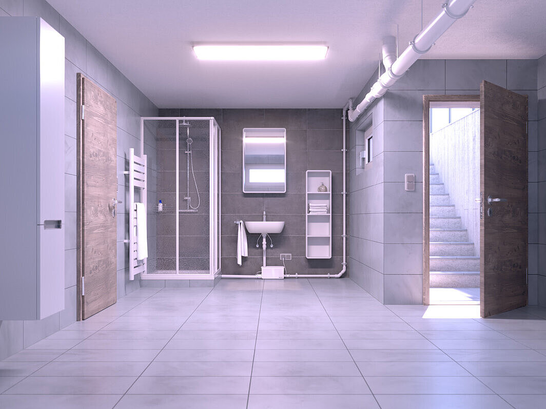 Schéma d'installation du petit poste de relevage Minilift S Mini-ascenseur Minilift S installé a posteriori dans une salle de bains au sous-sol.