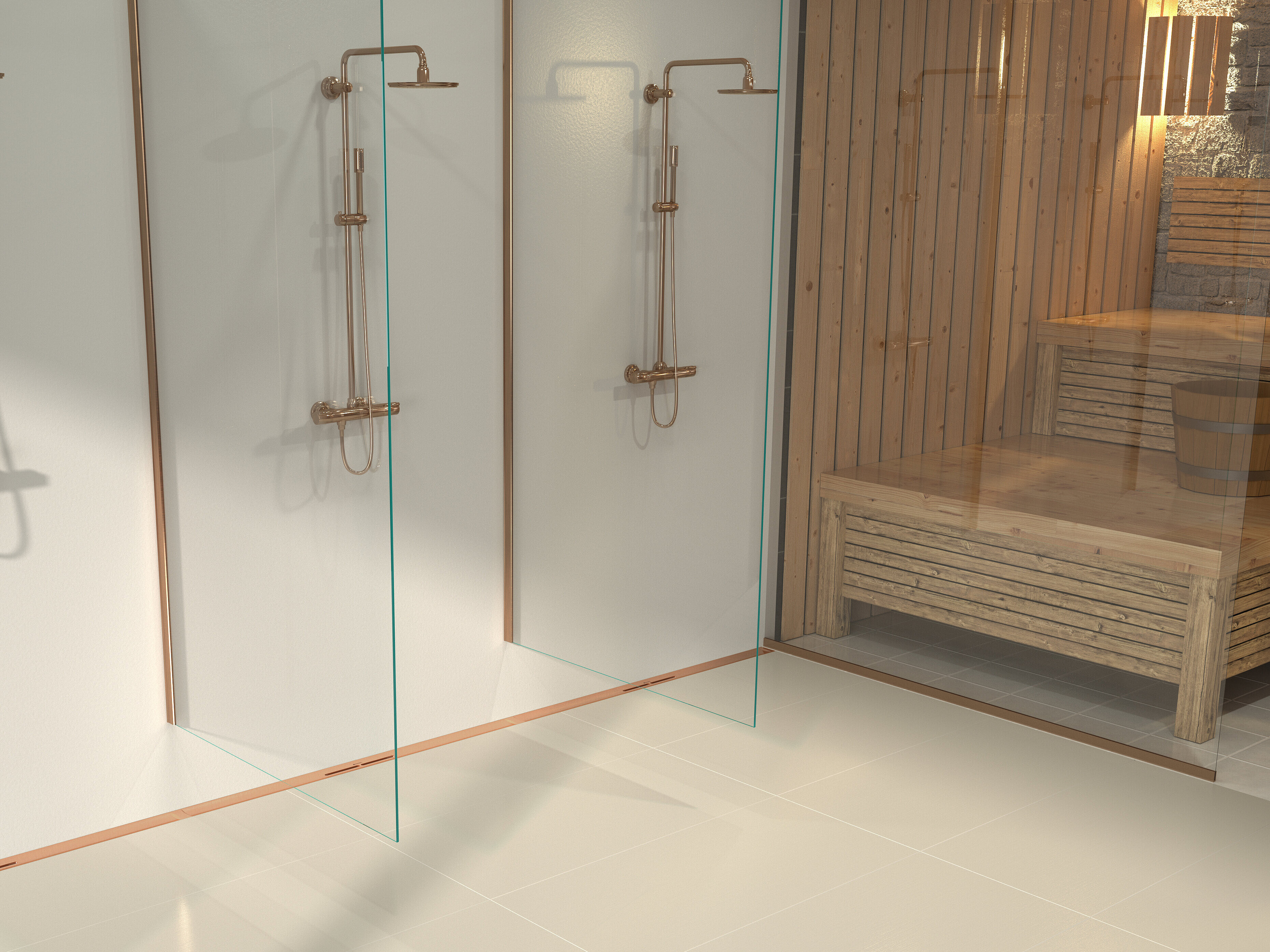 Schéma de montage du caniveau de douche Linearis Infinity, surface Bronze brossé, dans un espace bien-être