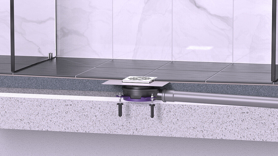 Exemple d'installation d'un siphon de salle d'eau « L'ultraplat » dans une douche Exemple d'installation d'un siphon de salle d'eau « L'ultraplat » dans une douche