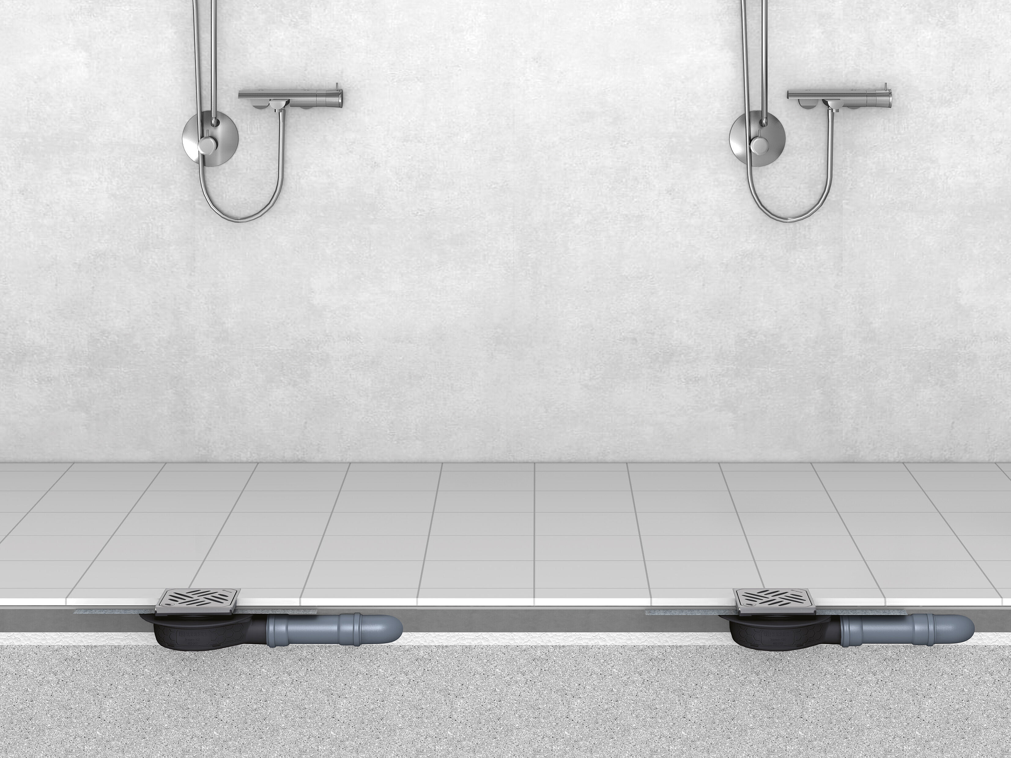 Schéma de montage du siphon de salle d’eau L‘Ultra plat avec grille design Kessel et système de verrouillage Lock & Lift