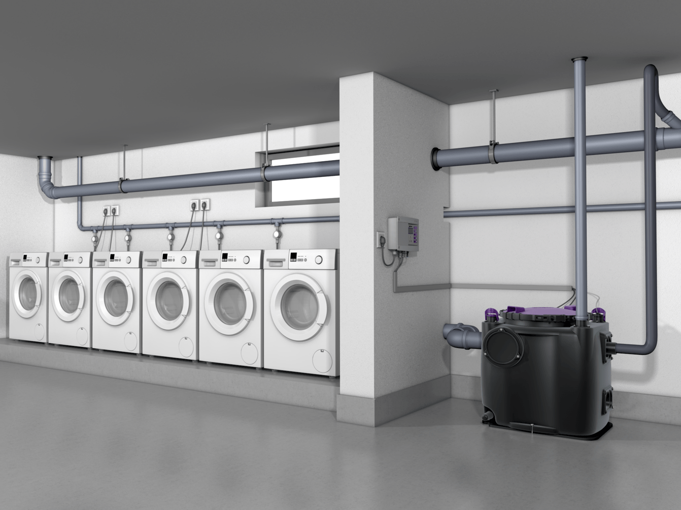 Installation diagram for Aqualift S 100, in the basement