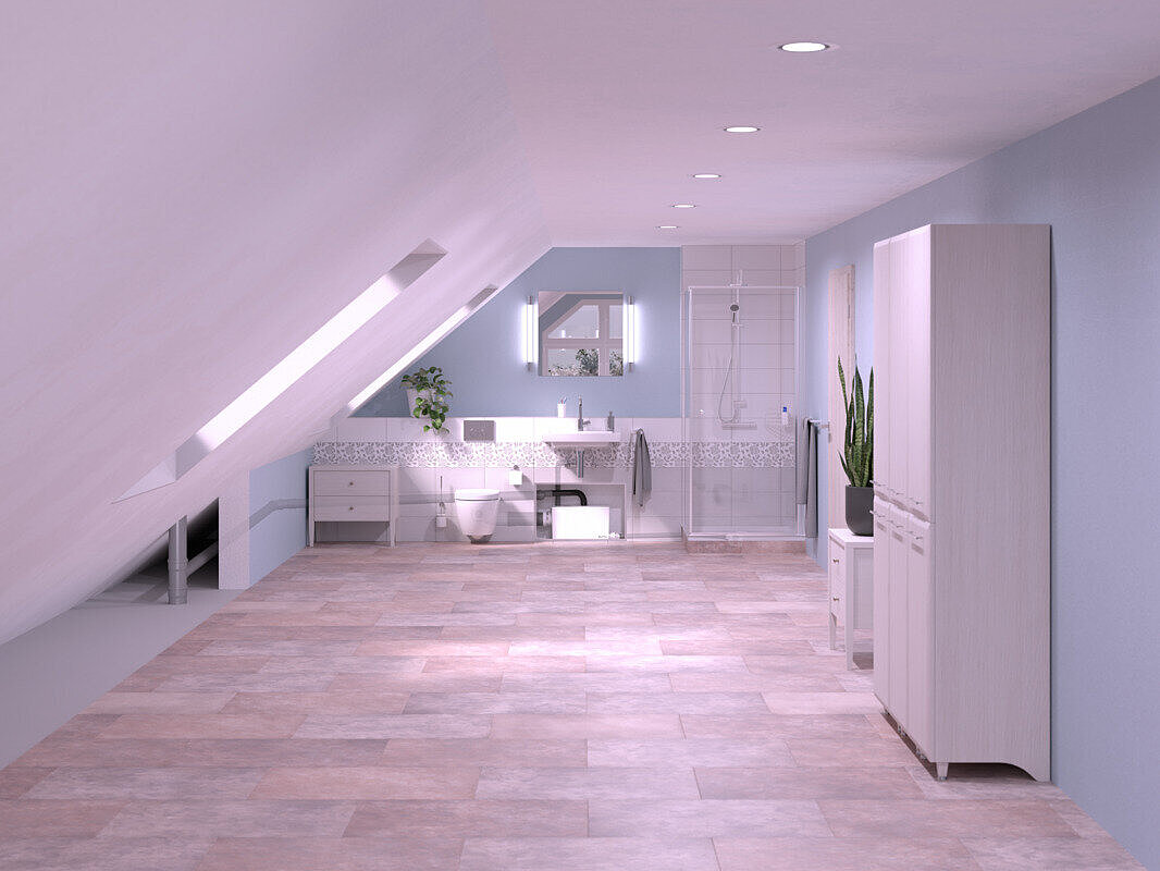 Illustration de l'installation d'un petit poste de relevage Minilift L WC dans une salle de bains mansardée équipée d'une douche, d'un lavabo et de toilettes. Le petit poste de relevage Minilift L WC est encastré dans une armoire.