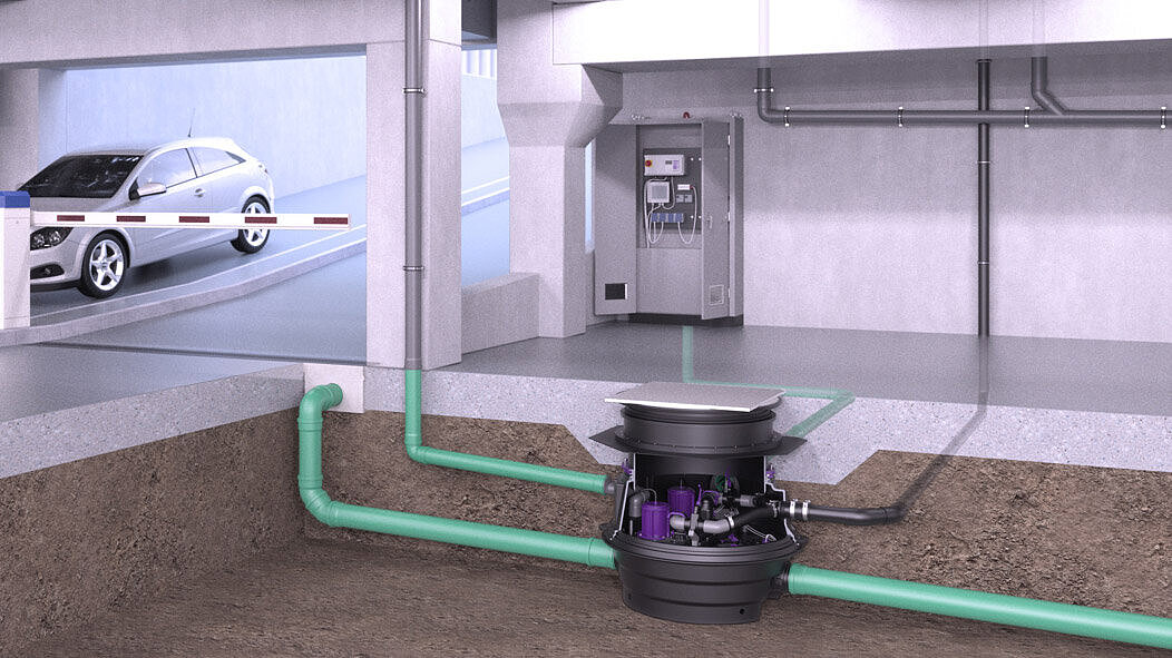 Illustration de l'installation du module pompe Ecolift XL dans un parking souterrain