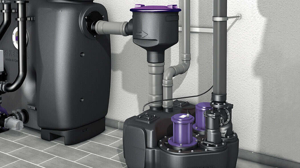 Exemple d'installation d'un séparateur à graisses EasyClean free avec un poste de relevage Aqualift L en aval