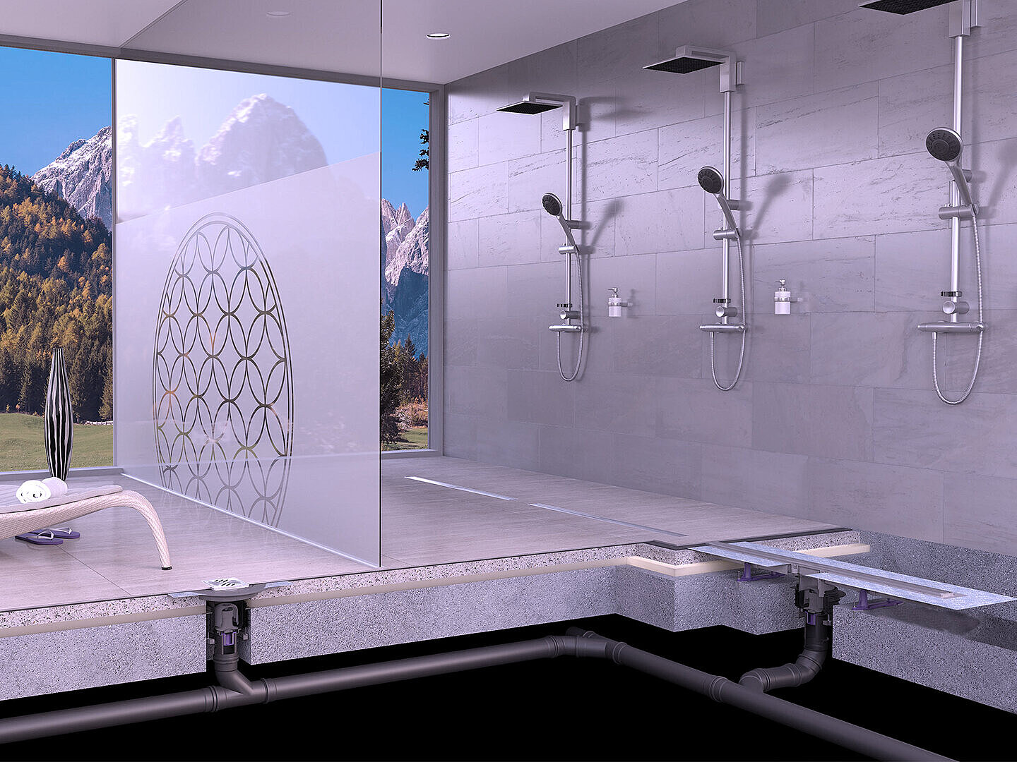 Schéma de montage du caniveau de douche Linearis Comfort dans un espace bien-être Schéma de montage du caniveau de douche Linearis Comfort dans un espace bien-être