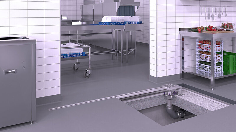 Proposition d'installation d'un caniveau à fente en acier inoxydable au niveau de la porte d'une cuisine industrielle